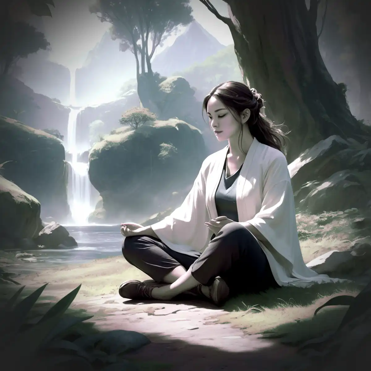 A lady sits in front of a tree and tries to find her inner peace.