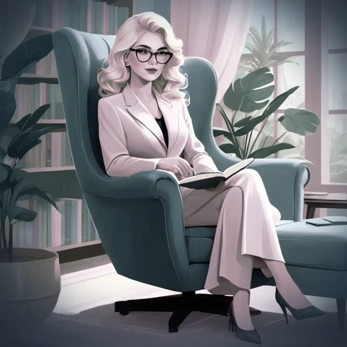 A qualified counsellor lady sits on the chair and gives professional conselling service.