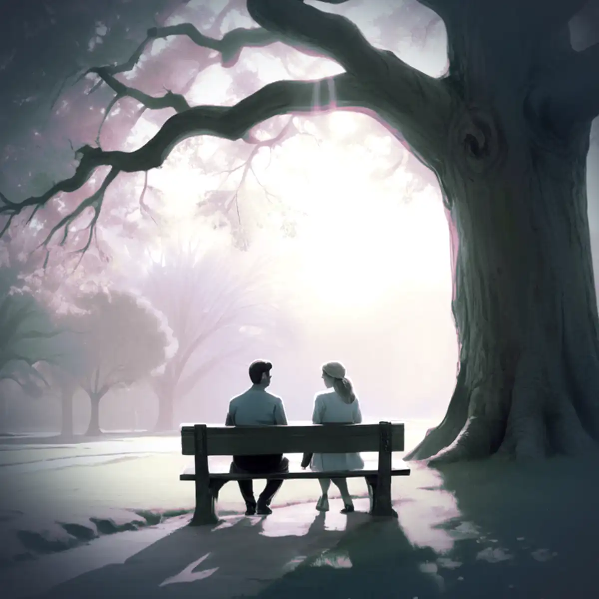 A lady sits in front of a tree in a safe place that exudes security.